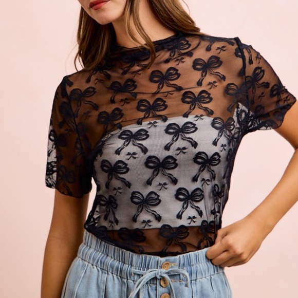 BiBi Tops - Bibi Black Bow Mesh Semi Sheer Short Sleeve top